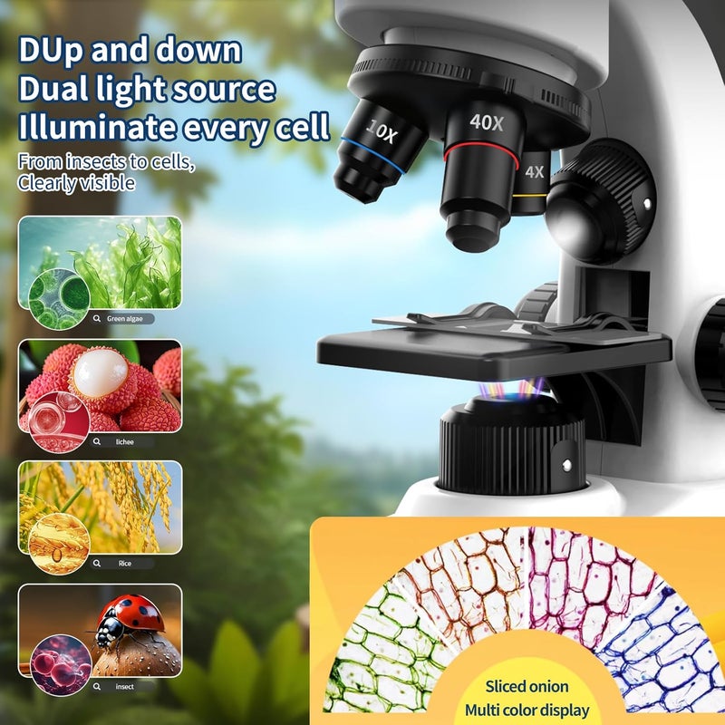 WSDMIC Microscope for Kids Scientific Experiment Kit 40X-1600X Magnification LED Light Educational STEM with Slides and Lab Tools Ages 6-12 (White) - Image 2